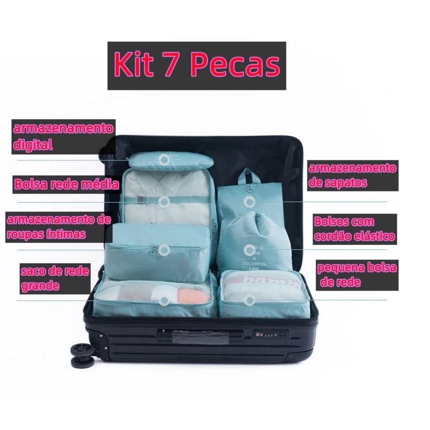 Kit 7 Pecas Bolsa Organizadoras Para Mala Roupas Bagagem Viagem - Imagem 2